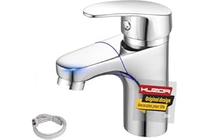 KUZOR 1PC Brass Mixer Tap with G1/2 UK Standard Water Hoses - Modern 5-Minute Installation Single Lever Sink Faucet for Bathroom/Basin/RV/Vanity - Height 5.12in, Weight 1.22lbs - Chrome
