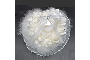 TWSHINY 21cm*18cm*10cm Romantic Elegant Wedding Heart-Shaped Lace Rhinestone Flower Rose Feather Decoration Ring Box Pillow White