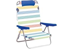 JugaToys - Silla playa plegable multiposicion - Con reposacabezas y almohadilla - Diseño a rayas - Estructura de aluminio ligera y tela transpirable - Asas de mano integradas - 25 cm altura de asiento