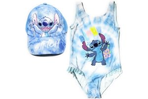 REQUETEGUAY URBAN RU Bañador Stitch Disney para Playa o Piscina + Gorra Disney para Niñas | Pack de Bañador con Volantes Laterales y Gorra Lilo & Stitch Disney