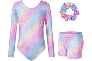 Surgoal Gymnastics Leotards for Girls with Short Long Sleeve Sparkle Ballet Dance Unitard Gymnastics Athletic Outfit 3Pcs for Kids 3-12 Years