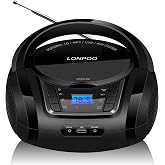 LONPOO Portable CD Player Boombox, FM Radio, Bluetooth, USB AUX, Black | Top loading CD/MP3 player; FM radio; Bluetooth, USB,