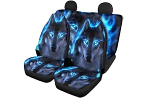 ‎CHAQLIN chaqlin Neon Blaue Wolf Autositzbezüge + Rückenlehnenbezug hinten + Sitzbezug hinten Autositzbezüge Komplettset mit 4 Teilen Niedliches Faultier Autozubehör, Universal-Passform