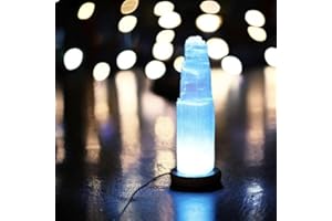 4All Lámpara LED USB de selenita de cristal hecha a mano multicolor, lámpara de torre de montaña, energía espiritual y meditación curativa, decoración del hogar, lámpara de mesa, base de madera