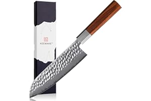 KEEMAKE Couteau Santoku Cuisine Japonais Style - Couteau de Cuisine Professionnel Forgé en Acier à Haute Dureté, Couteau Viande 18 cm Manche Octogonal en Bois