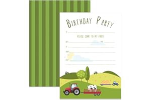 M & G Mustard & Gray Childrens Party Invitations (x24 Invites Only, Farm Tractor)