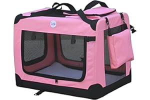 HugglePets Foldable Fabric Pet Crate Carrier - Pink (Medium 60 x 42cm) Lightweight & Ventilated Double Door Carrier for Dogs & Cats with Sheepskin Mat. Ideal for Home & Travel.