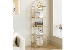 Hzuaneri Bibliothèque 5 Niveaux, Étagère en échelle en Verre trempé, étagère Mince pour la Chambre, la Salle de Bain, Le Bureau à Domicile, Cadre en Métal, Doré BC05001G