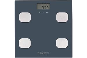 Rowenta Body Up BR2520 - Báscula de baño con medidor de grasa corporal e IMC que almacena hasta 8 perfiles de usuario, gran pantalla LCD, plataforma de vidrio, hasta 150 kg de capacidad, Color Azul