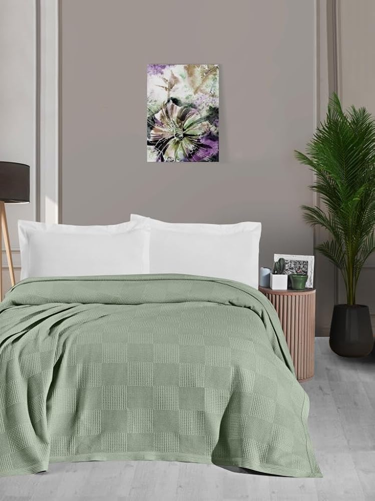 Mulberry Waffle Desenli Pike Battaniye,%100 Pamuk, Kalın İplik, Yumuşak, Çift Kişilik 220 * 240, Yeşil
