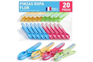 Culiclean Pinzas Ropa Fuertes – 20 Pinzas para Tender Ropa Que No Dejan Marca – Plástico Resistente y BPA-Free – Fabricado en Francia – Flor, Azul-Amarillo-Verde-Rosa