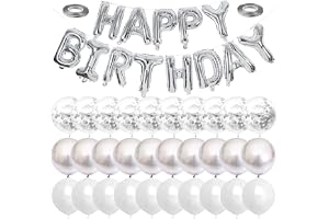 Beauenty Silver Happy Birthday Balloons Banner White And Silver Confetti Balloons for Birthday Party Decorations