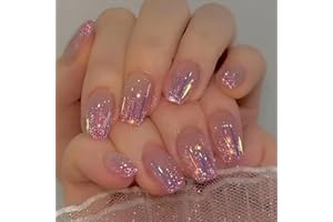 Ceboic 24 szt. sztuczne paznokcie, krótki kwadrat, francuska końcówka, różowe, fioletowe, wciśnięte paznokcie, zorza polarna, meteor, sztuczne paznokcie, balerina, pełne pokrycie, akrylowy zestaw do