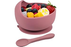 Hoseay Baby Feeding Bowls Spoons,Silicone Toddler Weaning Set with Suction Bowl BPA Free Children Tableware Eating Bowl Baby Boys Girls,Easy Clean Kids Meal Set Microwave Dishwasher Safe,Pink Purple