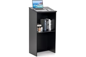 COSTWAY Floor Lectern Podium, Wooden Standing Desk Host Stage with Storage Shelf & Cable Holes, Speaking Reading Table for Classroom, Conference and Auditorium (Black)
