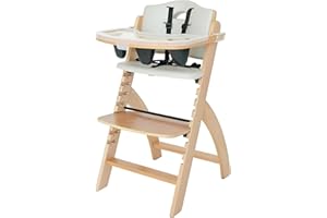 Abiie Beyond Junior Wooden High Chair with Tray - Adjustable and Convertible High Chair for Babies and Toddlers - 6 Months to 250 Lb - Water Resistant - Natural Wood with Dove Grey Cushion