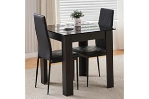 Homullel 75x75 cm Small Dining Table and 2 Chairs, 2 Seater Table and Chairs Set Kitchen Dining Room Set for 2, Compact, Space Saving, Wooden, Glossing Tabletop Black (2 Seats, Faux Leather Black #2)