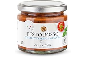CAMPO D'ORO | | PESTO ROSSO CON RICOTTA DI PECORA 180 GR | Specialità siciliane per ricette, sugo pronto siciliano con pomodoro fresco, basilico, noci e ricotta.100% Made in Italy