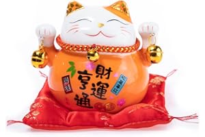 lachineuse - Chat Maneki Neko - Tirelire Porte Bonheur Japonais - Traditions d'Asie - Colori Orange - Porcelaine - Idée Déco et Cadeau Japon Asie - Protection, Chance et Bonheur
