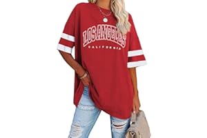 Tomwell Damen Los Angeles Brief T-Shirt mit V-Ausschnitt Kurzarm Sport Sommer Rundhals Oversized Oberteile Drucken Sweatshirt Lose Bluse Tunika Lang für Teen Girls Top