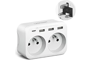LENCENT Adaptateur Prise Anglaise/UK/Angleterre et Française avec 3 Ports USB et 1 Port USB-C adapté à Irlande, Royaume-Uni, Écosse, Adaptateur électrique Mâle UK/Femelle France, Type G