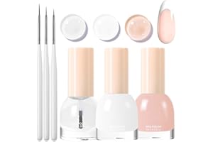 KAYZON French Manicure Nail Polish Kit, Quick Dry French Nail Varnish Set with Top Coat and 3Pcs Ultra Thin Nail Art Pen, Jelly Nude and White Nail Gel for Women Girls Nail Art at Home - No Need Bake