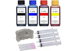 Inkpro Refill Kit de Recharge 4 x 100 ML d'encre + réinitialiseur de Puce USB pour Cartouches E 603, E 603 XL Noir, Cyan, Magenta, Jaune