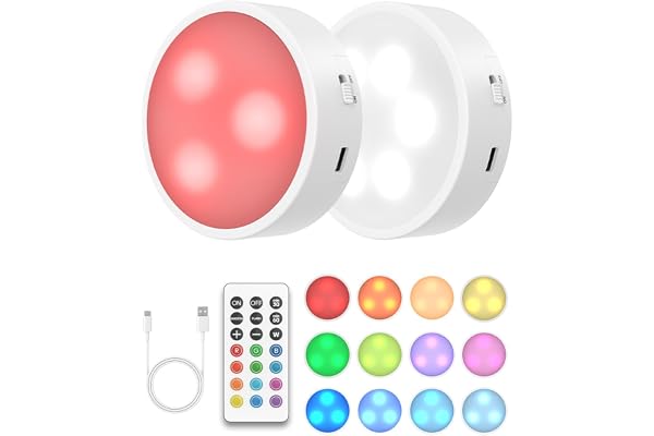 GOODEA.fun Uppladdningsbar LED-lampa Puck Lights RGB Magnetiserade, Pekbelysning Under Köksskåp Batteri med Fjärrkontroll Timer Dimmer för Garderob Skåp Vitrinskåp Hylla