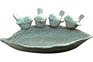 Renywosi Vogeltränke Für Garten, Vogeltränke Mit 4 Vögeln, Vogeltränke Schüssel In Blattform, Vogeltränke Frostsicher Stehend, Vogeltränke Winterfest Stein Keramik, Vogel Badewanne Garten Deko