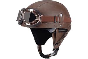 ZYMWBDGD Casco Jet Vintage Omologato ECE,Mezzo Casco Moto Pelle D'epoca Con Occhiali Da Aviatore,Caschi Scooter Caschi Street Cruiser Da Uomo E Da Donna 55-62CM E,XL