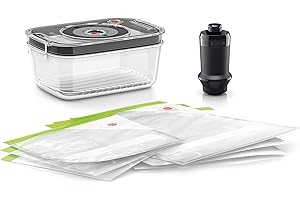 BOSCH HAUSGERÄTE Bosch MSZV6FSG1 Juego de mantenimiento al vacío, bomba de vacío, recipiente de vidrio al vacío de 1,2 l, bolsa con cremallera (3 x 1,2 l y 3,8 l), vidrio de borosilicato resistente a la temperatura,