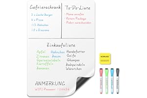 HOMiDEK Whiteboard Folie Magnetisch für Kühlschrank: A3 Magnettafel Für Küche Menü Wochenplaner, Einkaufsliste, Memo Erinnerung Notizen - Abwischbar Magnetfolie mit 3 Markers und Schwamm, 28x43cm