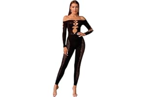 Bommi Fairy Seksowny strój damski z długim rękawem, siatka rybna z jasnymi sztucznymi perłami, wąska, jednoczęściowa, rozmiar uniwersalny