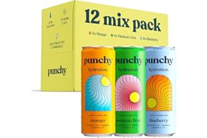 Punchy Drinks - Mixed Case of Mango, Mexican Lime & Blueberry, Everyday Hydration, Lightly Sparkling, Electrolytes, Vitamins, Real Fruit, Support Immunity, Caffeine Free, Low Calorie - 12 x 330ml