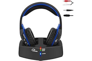 WallarGe Funkkopfhörer für Fernseher/TV, Over-Ear kabellose kopfhörer mit RF Digitales Ladestation mit Reichweite 33 m, mit Optisches und Aux Port (Schwarz & Blau)