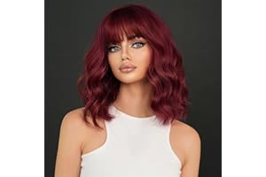 YEESHEDO 14 Pouces perruque femme courte bob perruques avec naturel frange, peruque afro brésilienne de cheveux bouclés ondulés de couleur naturelle vin rouge