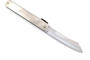 HIGO NO KAMI Couteau de Poche Pliant Artisanal Japonais Higonokami Warikomi Acier au Carbone SK Manche Argent Fait Main au Japon par Nagao Kanekoma HRC 60 (Lame 8.5 cm)