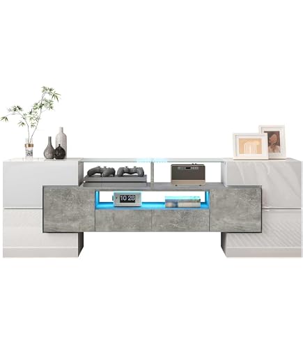 Meuble TV Blanc YEHTOKHOME 190 Cm - 3 Portes, 2 Tiroirs, étagères, Design Moderne (blanc Et Noir) - 11