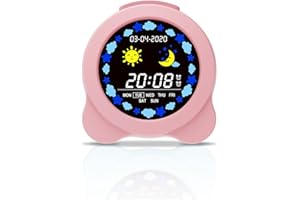 Shayson Reloj Entrenador de Sueño para Niños – Reloj Despertador Digital Infantil para Entrenamiento del Sueño, Pantalla LCD con Modos Día y Noche, 6 Sonidos de Alarma, Alimentado por USB(Rosa)
