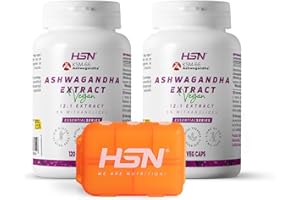 HSN Extracto Ashwagandha KSM-66 (12:1) 600mg/día (30mg Withanólidos) | PACK 2x 120 Cápsulas Vegetales + Pastillero Semanal | 7200mg equivalencia Raíz Withania somnifera | No-GMO Vegano Sin Gluten
