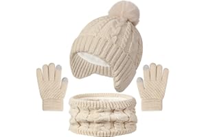 Baynetin 3-Piece Kids Winter Set-Knitted Earflap Hat with Pom Pom, Touchscreen Gloves & Circle Scarf for Boys & Girls 3-8 Years, Warm Fleece-Lined Accessories for Outdoor Sports & Snow Play
