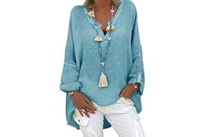 Tincini Leinenbluse Damen Sommer Tunika V-Ausschnitt Große Größen Blusenshirt Langarmshirt Leinen Baumwolle Hemd Oberteile Druck Shirt