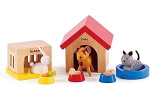 Hape Family Pets, Complete Your Wooden Dolls House with Happy Dog, Cat, Bunny Pet Set with Complimentary Houses and Food Bowls
