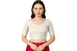 Jaanvi mode dam rund hals bomull dobby lycra armbåge ärm färdig sari blus