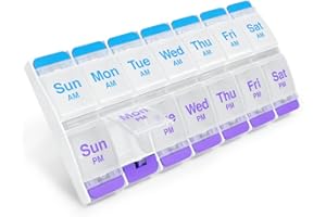 EZY DOSE Pill Box, Pill Organiser with Daily 2 Times a Day Compartments, Easy Open Dispensers with Push Buttons, 7 Count