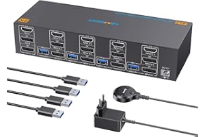 CAMGEET Przełącznik 8K KVM 4 PC 3 monitory 4K 144 Hz 8K 60 Hz, HDMI 2.1+ 2 DisplayPort 1.4 KVM Switch 4 porty do 4 komputerów, share 3 monitory i 4 urządzenia USB, potrójny monitor kvm z przewodowym pilotem i