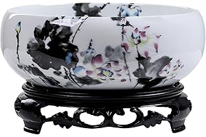 NASSMOSSE Lotus Planter with Base, Ceramic Water Lily Lotus Bowl Planter, Decorative Round Flowerpot Hydroponic Container for Garden, Balcony, Office