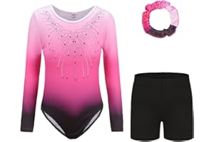 CUCUDY Gymnastics Leotards Set For Dancing Girls - Long Sleeve & Sleeveless Leotards with Shorts and Headband Gradient Color Sparkling Ballet Dancing Unitards Gymnastics Outfit Gift for 110-150cm Girls
