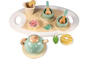 PAMIYO 14 Pcs Wooden Tea Set for Toddler, Tea Party Set for Children, Kids Tea Sets with Simulation Dessert Tray Teapot, Toddlers Pretend Role, Great Birthday Gifts for Kids
