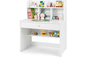 COSTWAY Kids Desk, Wooden Children Study Table with Hutch, Drawer, Storage Shelf, School Students Workstation for Studying, Reading and Drawing (White)